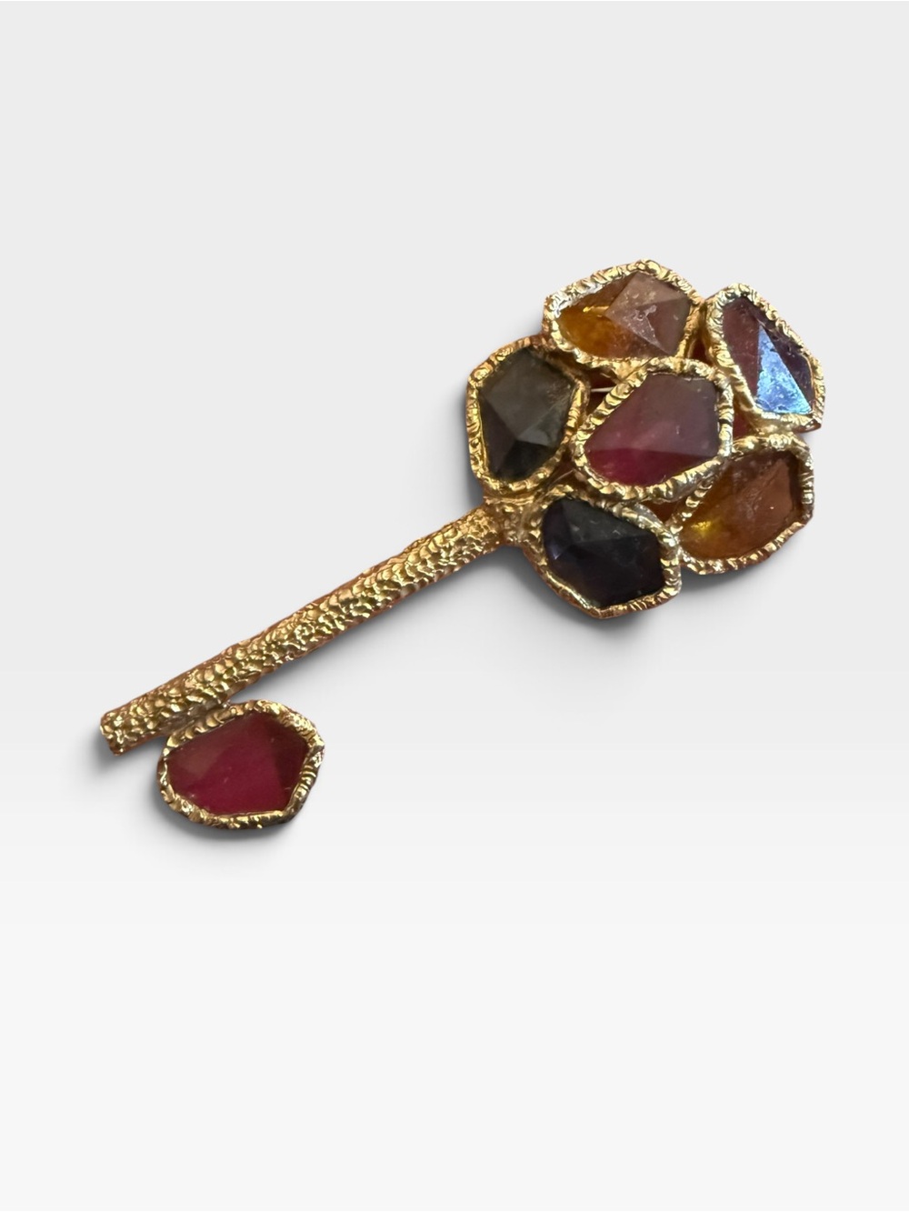 Vintage CAPRI Signed Multicolor Jeweled Key Brooch Pin Gold Tone Statement